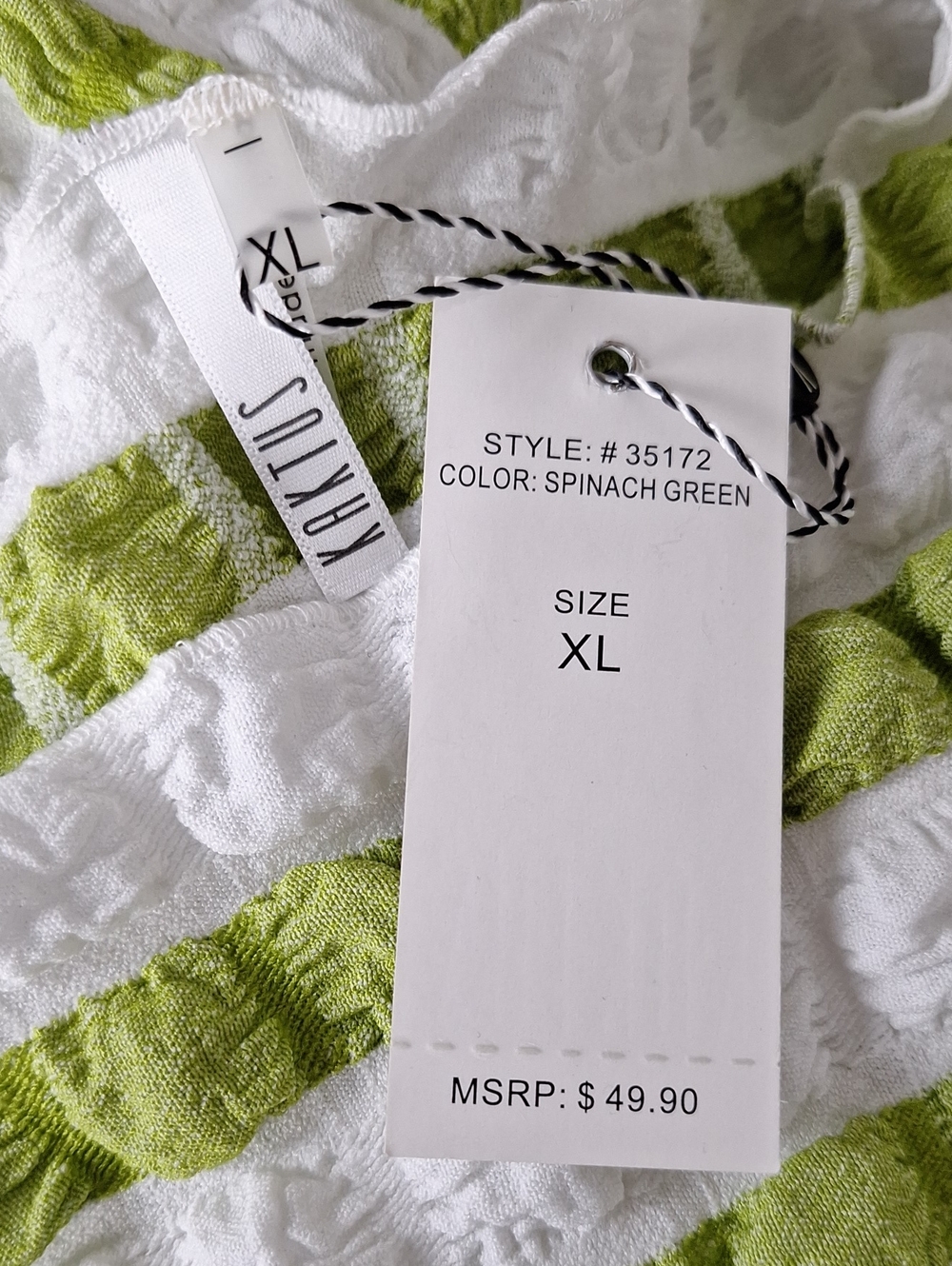Kaktus “NEW” Green & White Striped Puff Sleeve Textured Cottagecore Top Size XL - Picture 6 of 9